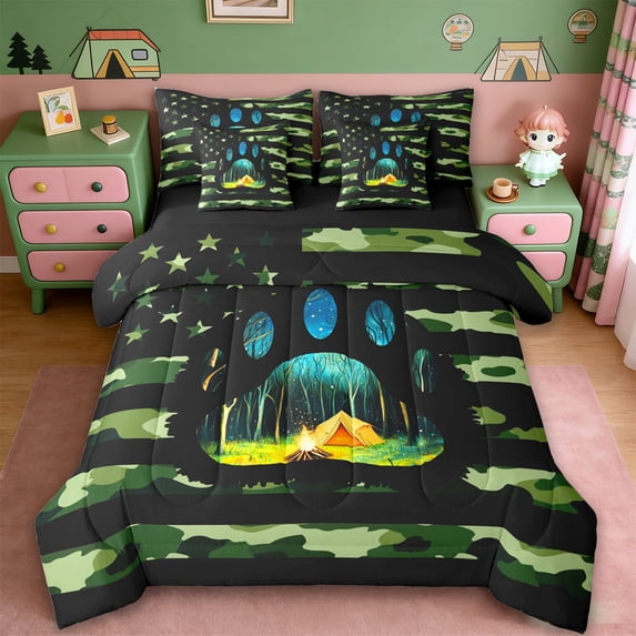 Erosebridal Happy Camping 7 Pieces Bedding Comforter Set,Rustic Camouflage Print Bear Paw Full Bedding Set For Boys Kids,Reversible black