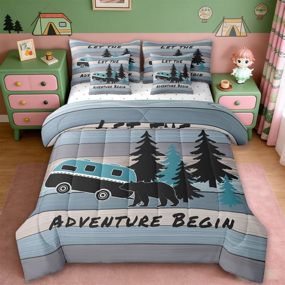 Erosebridal Happy Camping 7pcs Bedding Comforter Set For Camper Gifts,Kids Rustic Farmhouse Queen Bedding Sets For Boys Kids,Reversible
