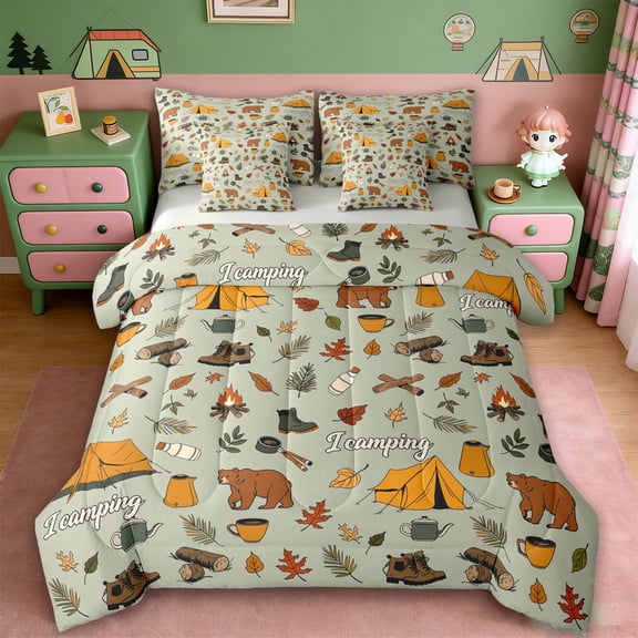 Erosebridal Happy Camping Adventure 7pcs Bedding Comforter Set,Rustic Cabin Jungle Bear Queen Bedding Sets For Kids,Reversible lightgray