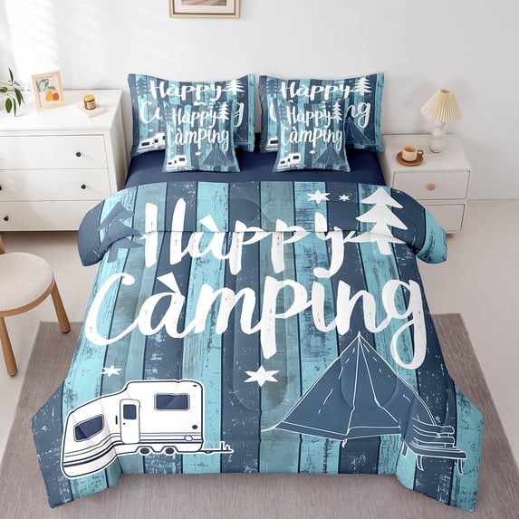 Erosebridal Happy Camping Adventure Bed in a Bag Twin Size, Camper RV Accessories Bed Set, Blue White Bed Sheets Setp with Comforter, Breathable Bedroom Decoration, Reversible 7 Pieces