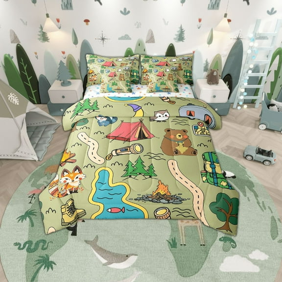 Erosebridal Happy Camping Adventure Bedding Sets Twin Size, Jungle Bear Fox Comforter Sets with Sheets, Nature Theme Bedding Accessories, Green RV Accesories, Reversible 7pcs