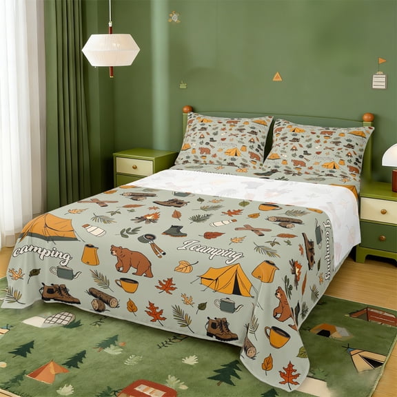 Erosebridal Happy Camping Adventure Full Size Sheets,Rustic Cabin Jungle Bear Bed Sheets For Kids 4-Piece
