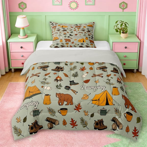 Erosebridal Happy Camping Adventure Twin Comforter Sets,Rustic Cabin Jungle Bear Bedding Set For Kids,Reversible lightgray,2pcs