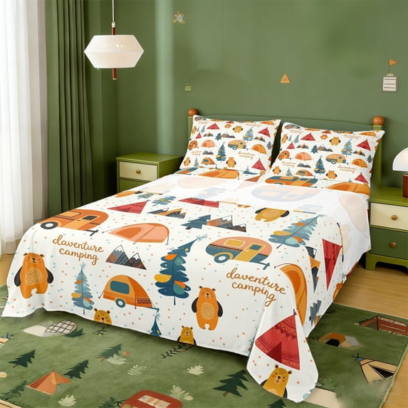Erosebridal Happy Camping Bed Sheets For Camper Gifts,Cartoon RV Rustic Country Style King Sheets For Boys Kids 4pcs