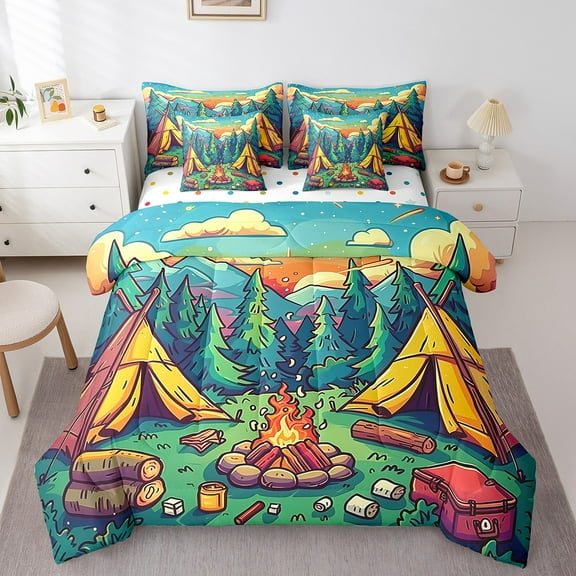 Erosebridal Happy Camping Bed in a Bag Twin size, Rustic Adventure Bed Set, Jungle Camp Decor, Reversible 7pcs