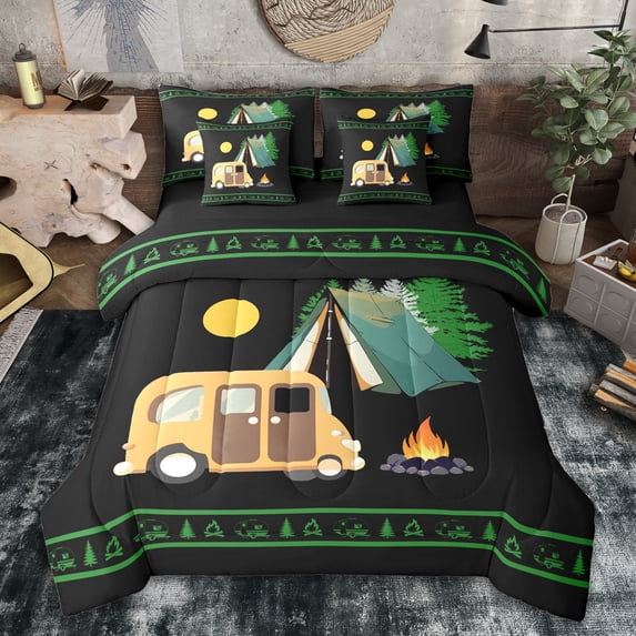 Erosebridal Happy Camping Bedding Comforter Set 7pcs for Kids Teens,Adventure Theme Queen Bedding Sets for Boys Girls,Black Reversible,Lightweight Room Decor