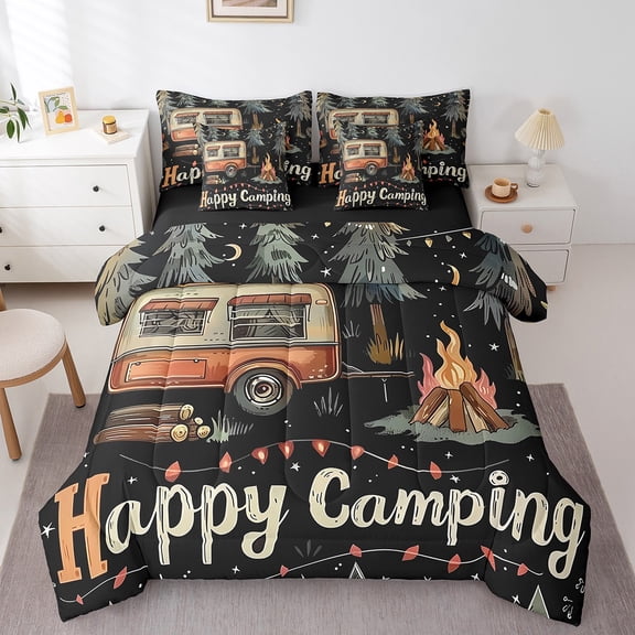 Erosebridal Happy Camping Bedding King Size, Adventure Bedding Sets King Size, Rustic Farmhouse Decor, Reversible 7-Piece