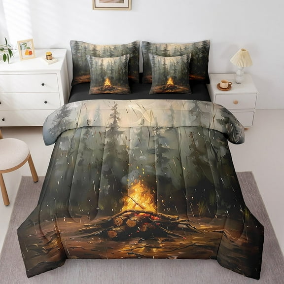 Erosebridal Happy Camping Bedding Queen Size,Smoky Jungle Comforter Sets with Sheets,Botanical Plants Bedding Sets Queen Size,Microfiber Teenager Bedroom Decor,Reversible,7 Pieces