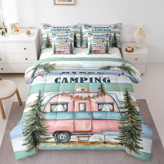 Erosebridal Happy Camping Bedding Sets Full Size, Camper Travel Trailer Comforter Sets with Sheets, Breathable Bedding Accessories, Bedroom Decorative, Reversible 7pcs