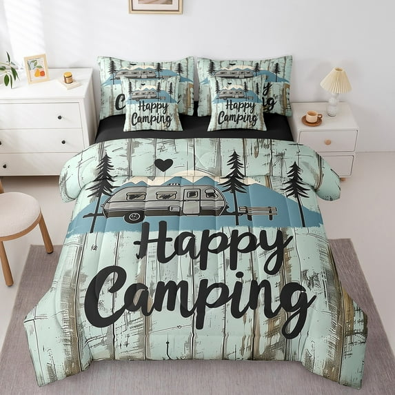 Erosebridal Happy Camping Bedding Sets King Size, Rustic Adventure Comforter Sets with Sheets, RV Car Decor, Reversible 7-Piece