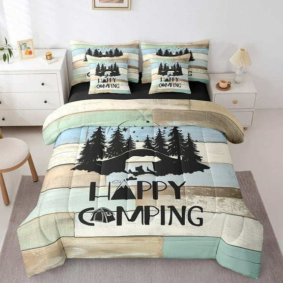 Erosebridal Happy Camping Bedding Sets Twin Size,Animal Bear Comforter Sets with Sheets,Rustic Cabin Bed in a Bag Twin size,Microfiber Vintage Bedroom Decorative,Reversible,7pcs