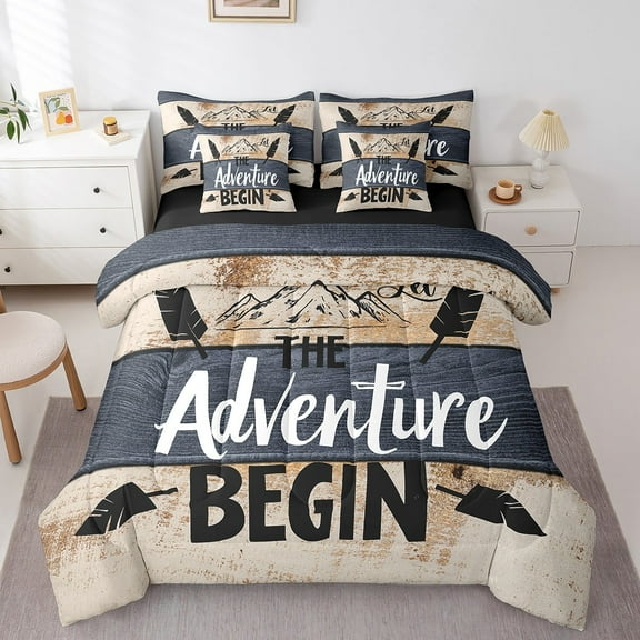 Erosebridal Happy Camping Bedding Sets Twin Size,Lodge Cabin Comforter Sets with Sheets,Rustic Farmhouse Bed in a Bag Twin size,Lightweight Adventure Bedroom Decorative,Reversible,7pcs