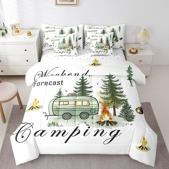 Erosebridal Happy Camping Bedding Sets Twin Size, RV Camper Comforter Sets with Sheets, Cartoon Camp Decor, Reversible