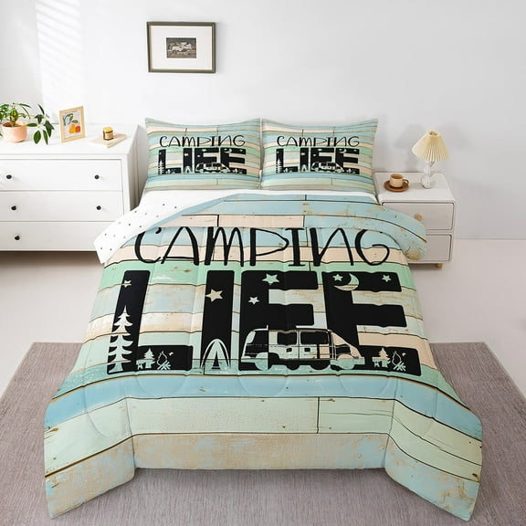 Erosebridal Happy Camping Bedding Twin Comforter Set,Lodge Cabin Down Comforter,RV Car Bedding Sets Twin with Comforter,Microfiber Boys Bedroom Decor,Reversible,3pcs
