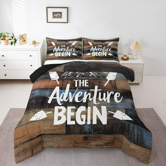 Erosebridal Happy Camping Bedding Twin Comforter Set,Lodge Cabin Down Comforter,Rustic Farmhouse Bedding Sets Twin with Comforter,Lightweight Adventure Bedroom Decorative,Reversible,3pcs