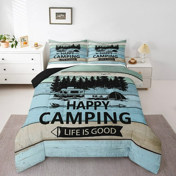 Erosebridal Happy Camping Bedding Twin Comforter Set,Rustic Cabin Down Comforter,Adventure Camper Bedding Sets Twin with Comforter,Lightweight Lodge Room Decor,Reversible,3pcs