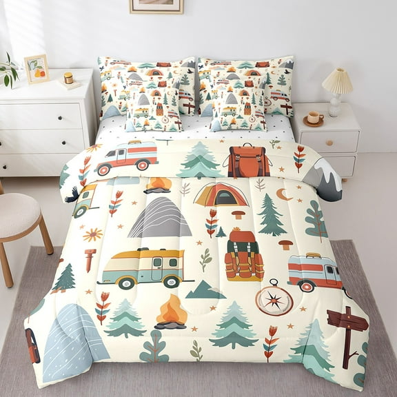 Erosebridal Happy Camping Camper Bedding Queen Size, Jungle Adventure Comforter Sets with Sheets, Microfiber Duvet Set, RV Decor, Reversible 7-Piece