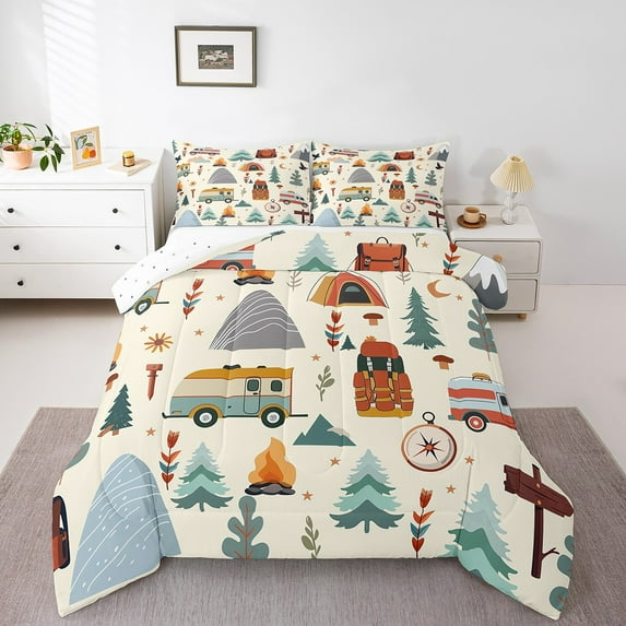 Erosebridal Happy Camping Camper Comforter Sets King Size, Jungle Adventure Comforters & Duvets, Microfiber Bedding King Comforter Set, RV Decor, 3-Piece