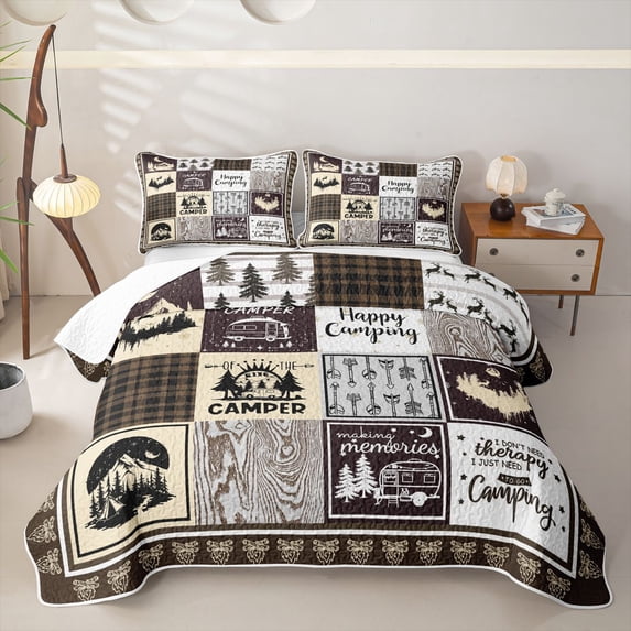 Erosebridal Happy Camping Camper Quilt Full, RV Plaid Full Bedspread Sets, Brown White, 3pcs 1 Coverlet and 2 Pillowcases