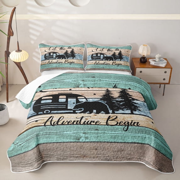 Erosebridal Happy Camping Camper Quilt King, Rustic Farmhouse Lake House King Coverlet Set, 3-Piece 1 Bedspread and 2 Pillowcases