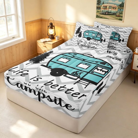 Erosebridal Happy Camping Camper Zipper Queen Comforter Set with Fitted Sheet and 2 Pillowcases, Gray Wave Stripe Zipper Bedding Set, Reversible