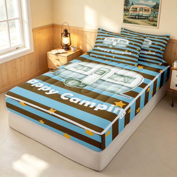 Erosebridal Happy Camping Camper Zipper Twin Comforter Sets with Fitted Sheet and 2 Pillowcases, Brown Blue Stripes Zipper Bedding Set, Colorful Stars Reversible