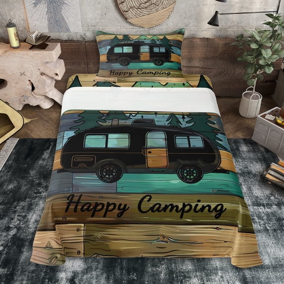 Erosebridal Happy Camping Car Twin Sheet Sets 3pcs for Teens,Kids Boys Girls Rustic Vintage Cabin Bedding,Lightweight Room Decor
