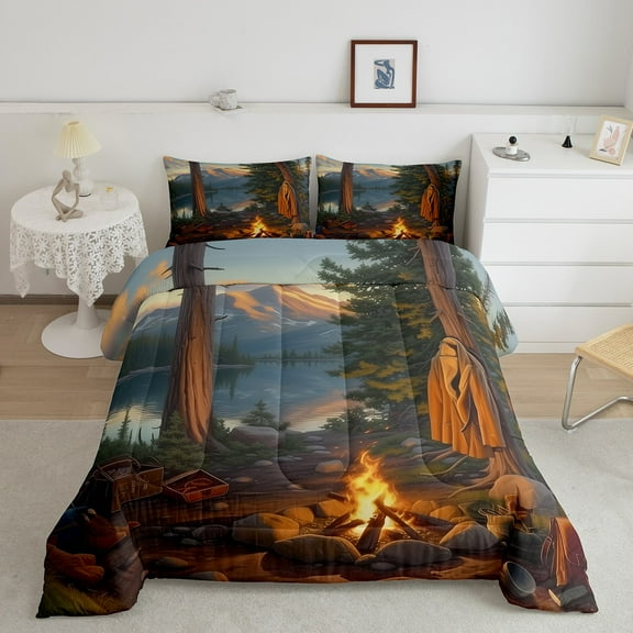 Erosebridal Happy Camping Comforter Sets Full Size, RV Car Comforters & Duvets, Rustic Theme Reversible Duvet Insert, Microfiber Bedroom Decoration, 3 Pieces