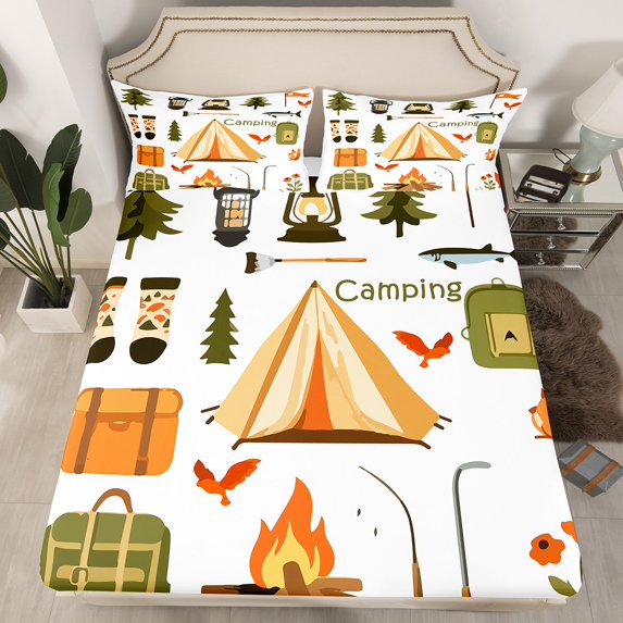 Erosebridal Happy Camping Fitted Sheet Full,Camp Travel Bedding Set Full Size,Cartoon Bedroom Decor,Lightweight,3-Piece(No Top Sheet)