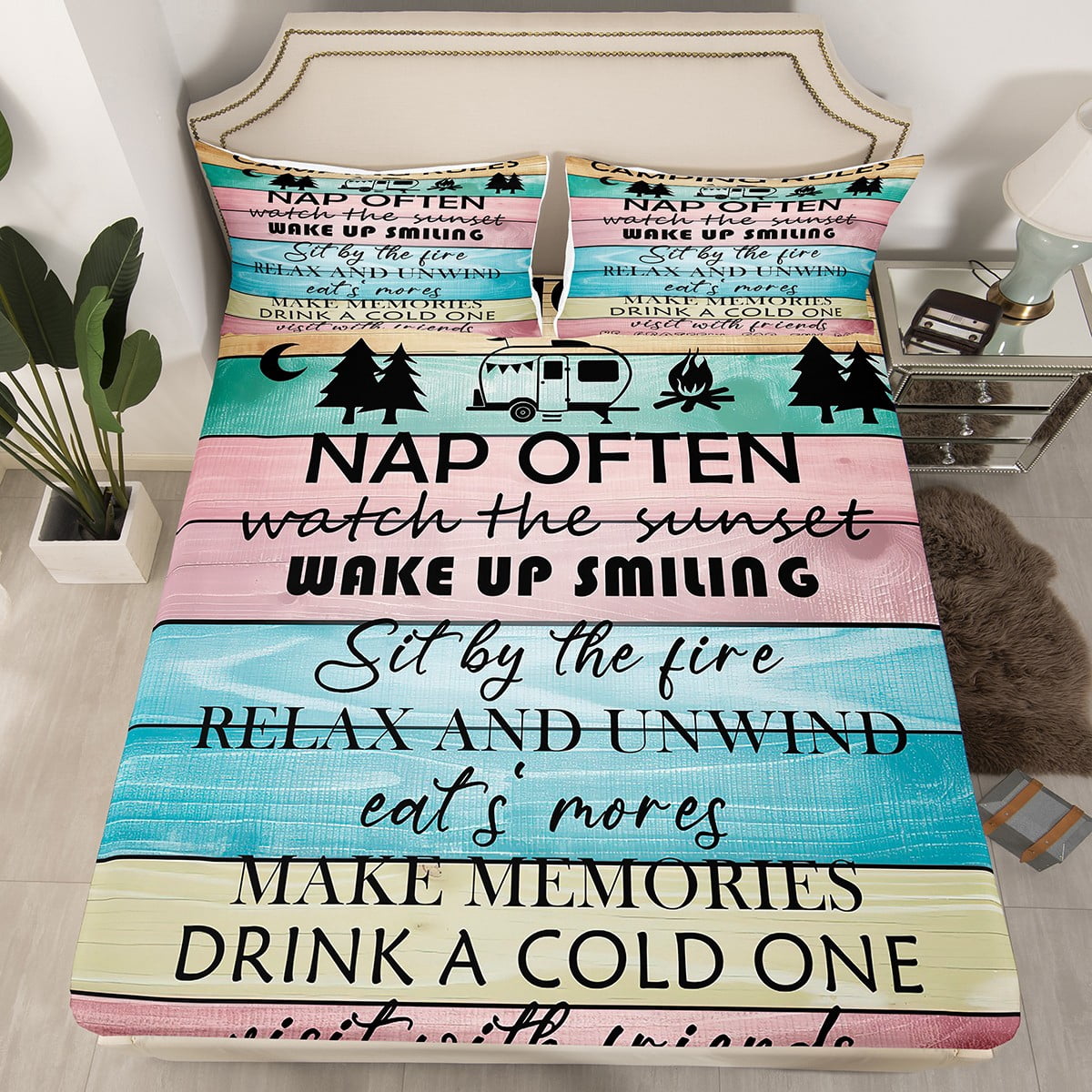 Erosebridal Happy Camping Fitted Sheet,Rustic Camper Bed Sheets Queen ...