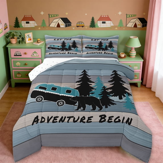 Erosebridal Happy Camping Full Size Comforter Sets For Camper Gifts,Kids Rustic Farmhouse Bedding Sets For Boys Kids,Reversible,3-Piece