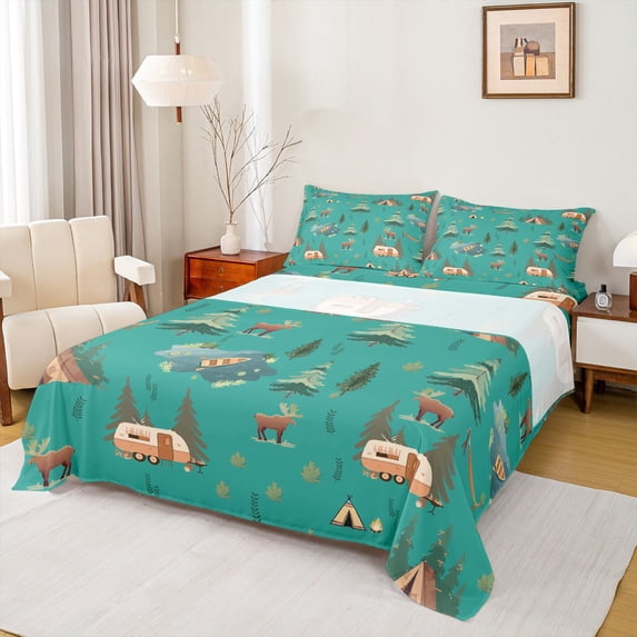 Erosebridal Happy Camping Full Size Sheets 4-Piece for Kids Teens,Boys Girls Cartoon RV Car Animal Deers Bed Sheets,Breathable Home Decor