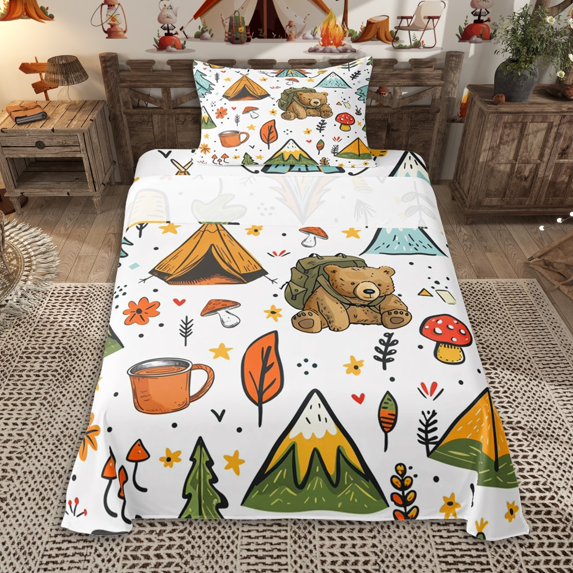 Erosebridal Happy Camping Kawaii Bear Twin Sheet Sets 3pcs for Kids Teens,Boys Girls Adventure Accessories Bedding,Lightweight Room Decor