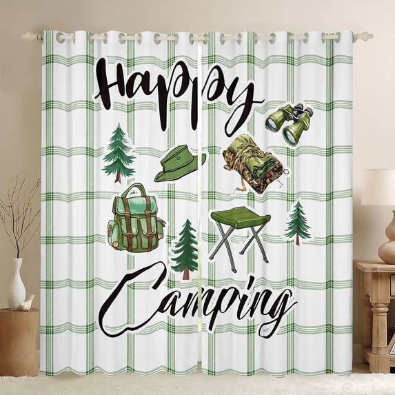 Erosebridal Happy Camping Kids Black Out Curtains For Camper Lover,Green Geometric Plaid Rustic Style Curtains Pack of 2 (42x63 Each) For Boys