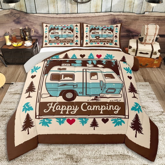 Erosebridal Happy Camping Queen Comforter Set 3pcs for Kids Teens,Adventure Theme Bedding Comforter Set for Boys Girls,Grey Reversible,Lightweight Room Decor