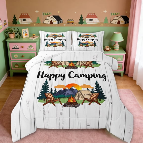 Erosebridal Happy Camping Queen Comforter Set For Camper Lover,Old Bran Door Bedding Comforter Set For Kids,Reversible,3pcs