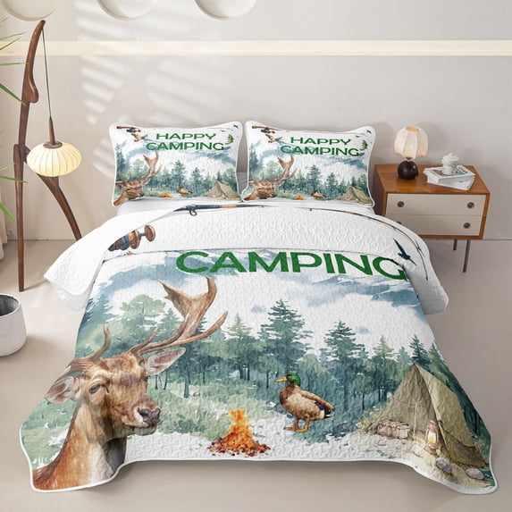 Erosebridal Happy Camping Quilt Full, Hunting and Fishing Full Bedspread Sets, 3 Pieces 1 Coverlet and 2 Pillowcases