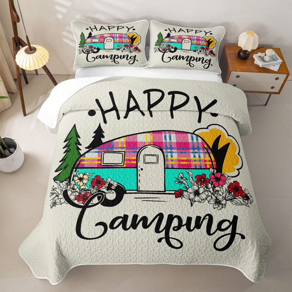 Erosebridal Happy Camping Quilt Full, RV Accessories Camper Car Full Bedspread Sets
