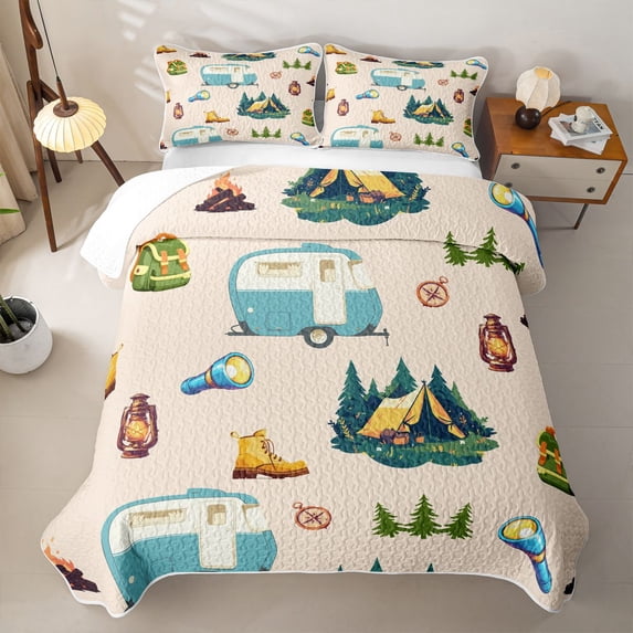Erosebridal Happy Camping Quilt King For Camper Gifts,Adventure Theme King Coverlet Set For Boys Kids,3-Piece