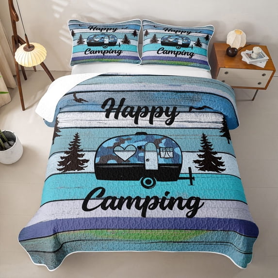 Erosebridal Happy Camping Quilt King for Boys Girls, Blue Camper Travel Trailor King Coverlet Set