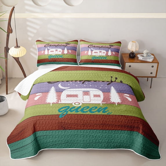 Erosebridal Happy Camping Quilt King for Girls, Colorful Stripe King Coverlet Set, 3pcs 1 Bedspread and 2 Pillowcases