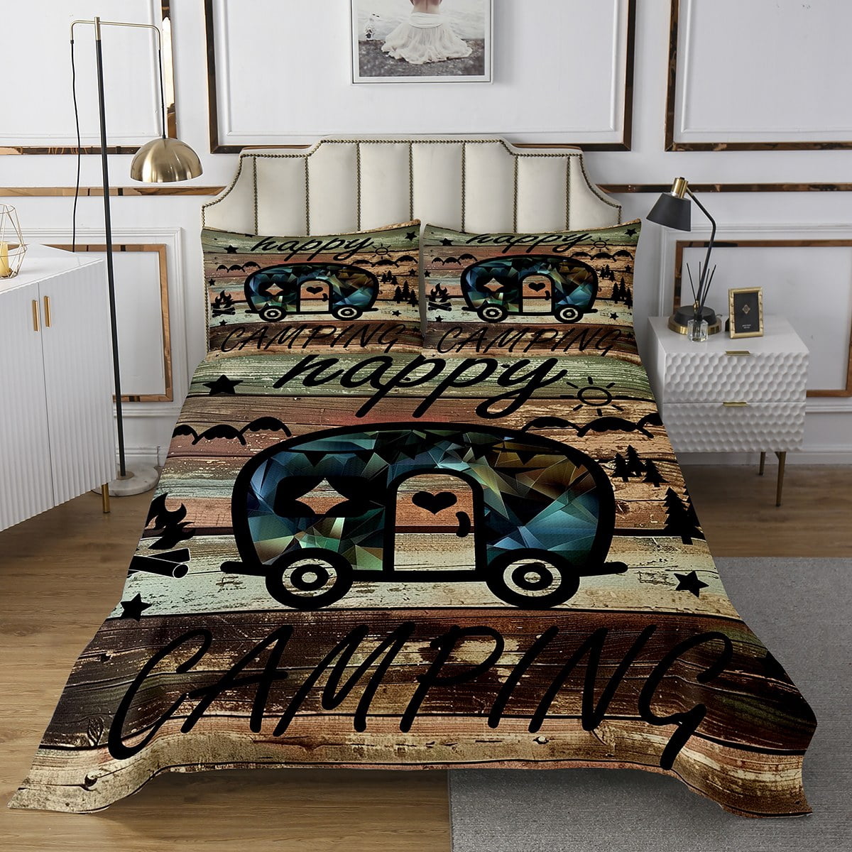 Erosebridal Happy Camping Quilt Sets for Queen Size Bed, Camper Car Bed ...