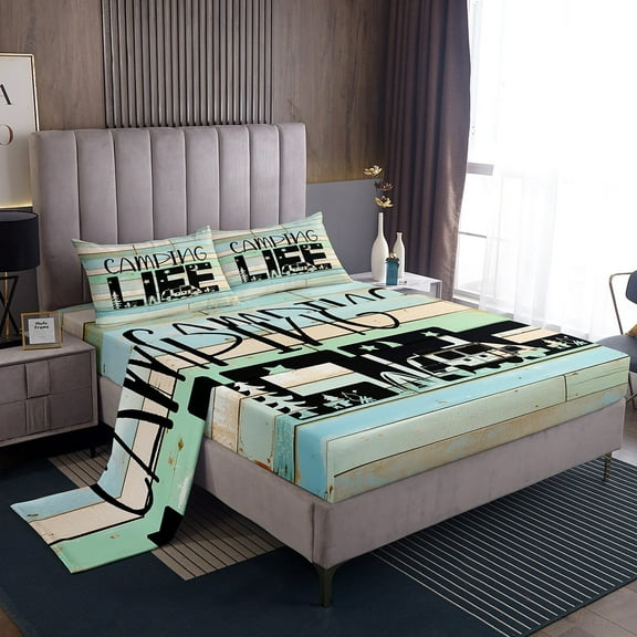 Erosebridal Happy Camping Sheet Set Twin,Lodge Cabin Bedding Sets Twin Size,RV Car Twin Sheet Sets,Microfiber Boys Bedroom Decor,3pcs