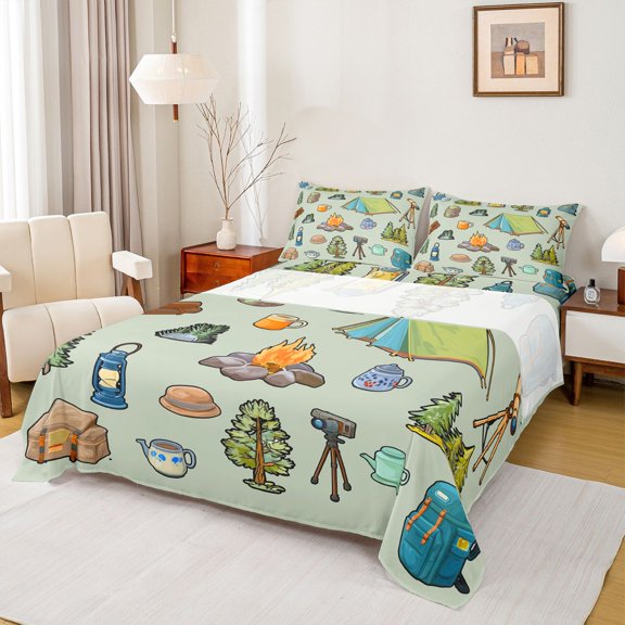 Erosebridal Happy Camping Tent Bed Sheets 4pcs For Kids Teens,Boys Girls Adventure Theme Tent King Sheets