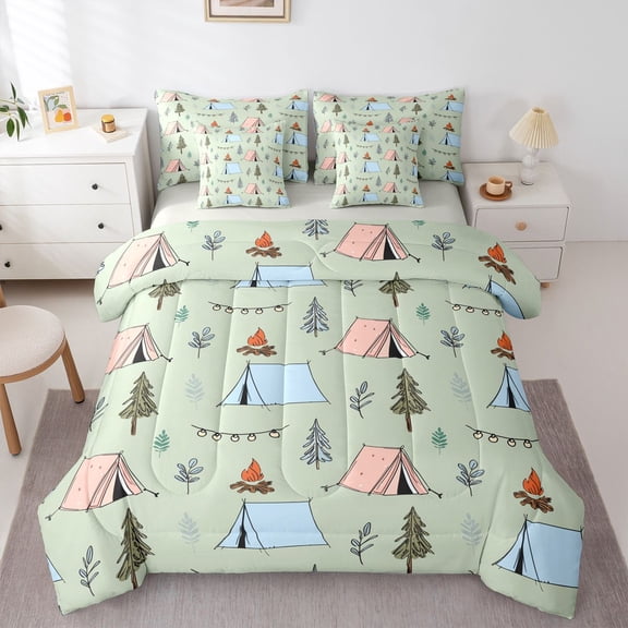 Erosebridal Happy Camping Tent Twin Bedding Sets 7-Piece For Kids Teens,Boys Girls Adventure Theme Tent Bedding Comforter Set,Grey Reversible