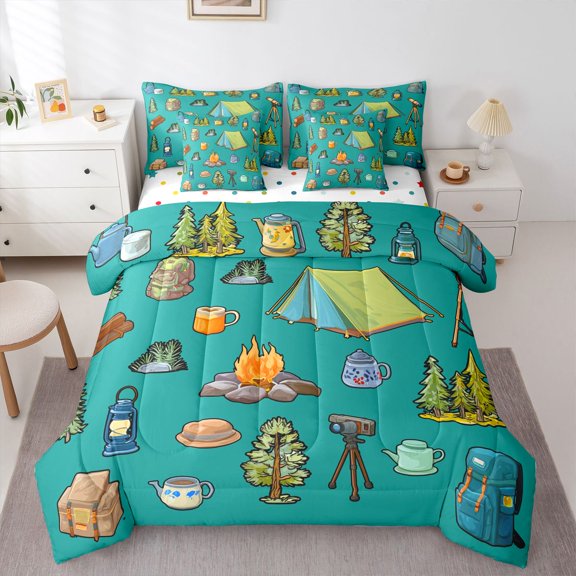 Erosebridal Happy Camping Tent Twin Bedding Sets 7-Piece For Kids Teens,Boys Girls Adventure Theme Tent Bedding Comforter Set,Luxury Bedroom Decor