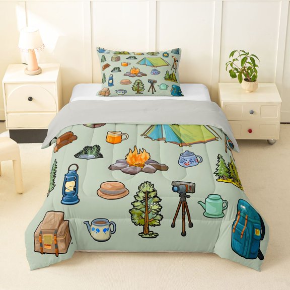 Erosebridal Happy Camping Tent Twin Comforter Sets 3-Piece For Kids Teens,Boys Girls Adventure Theme Tent Bedding Set,Grey Reversible