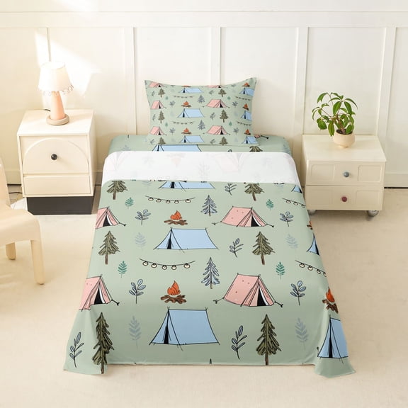 Erosebridal Happy Camping Tent Twin Sheet Sets 3pcs For Kids Teens,Boys Girls Adventure Theme Tent Bedding