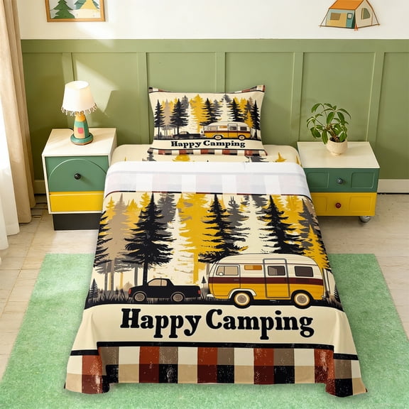 Erosebridal Happy Camping Theme Twin Sheet Sets For Camper Gifts,Rustic Farmhouse Style Bedding For Kids 3 Pieces