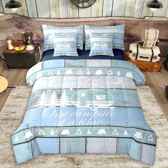 Erosebridal Happy Camping Twin Bedding Sets 7-Piece For Boys Girls,Kids Teens Blue Teal Cabin Bedding Comforter Set,Navy Blue Reversible,Breathable Home Decor
